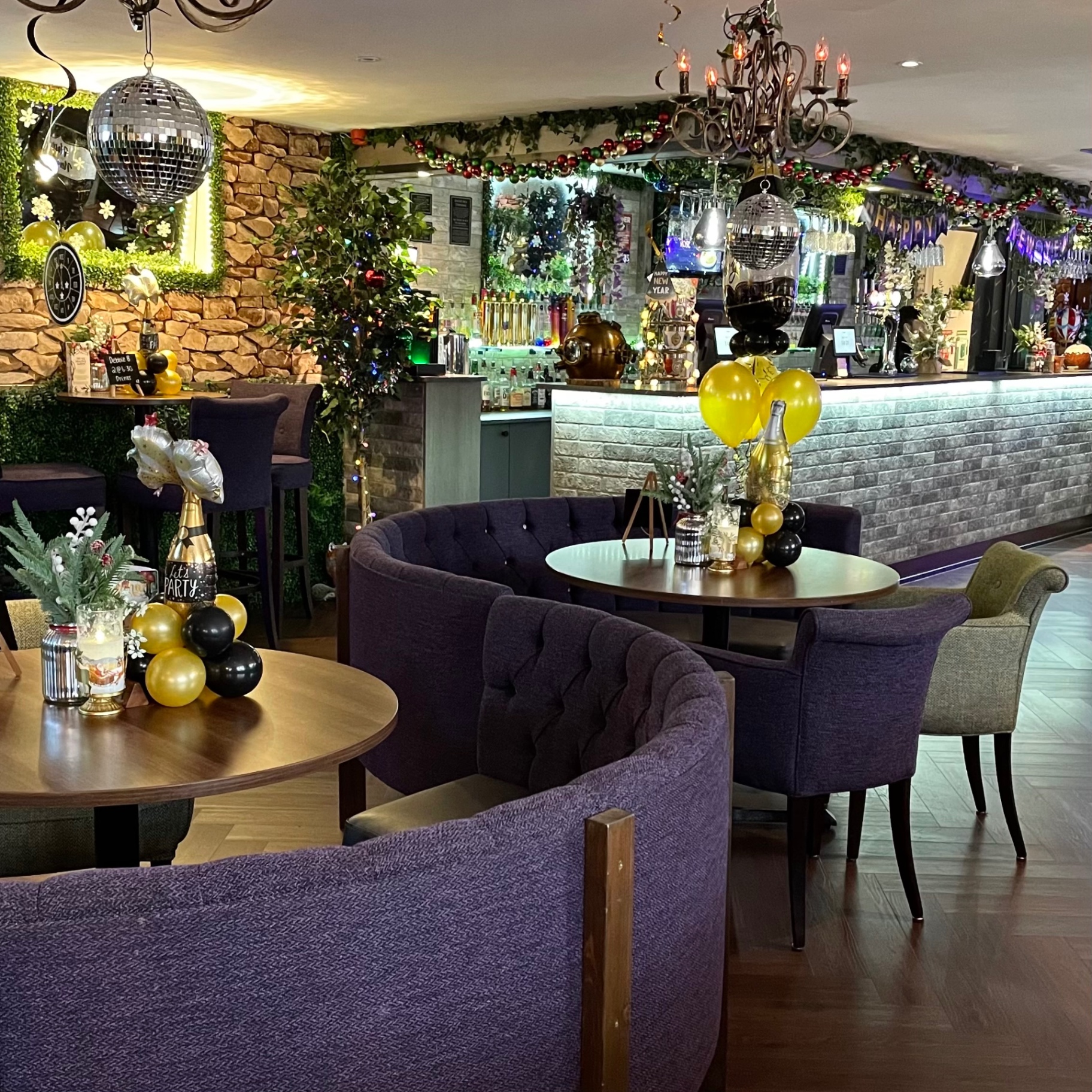 The bar decorated for New Year's Eve at Enchant