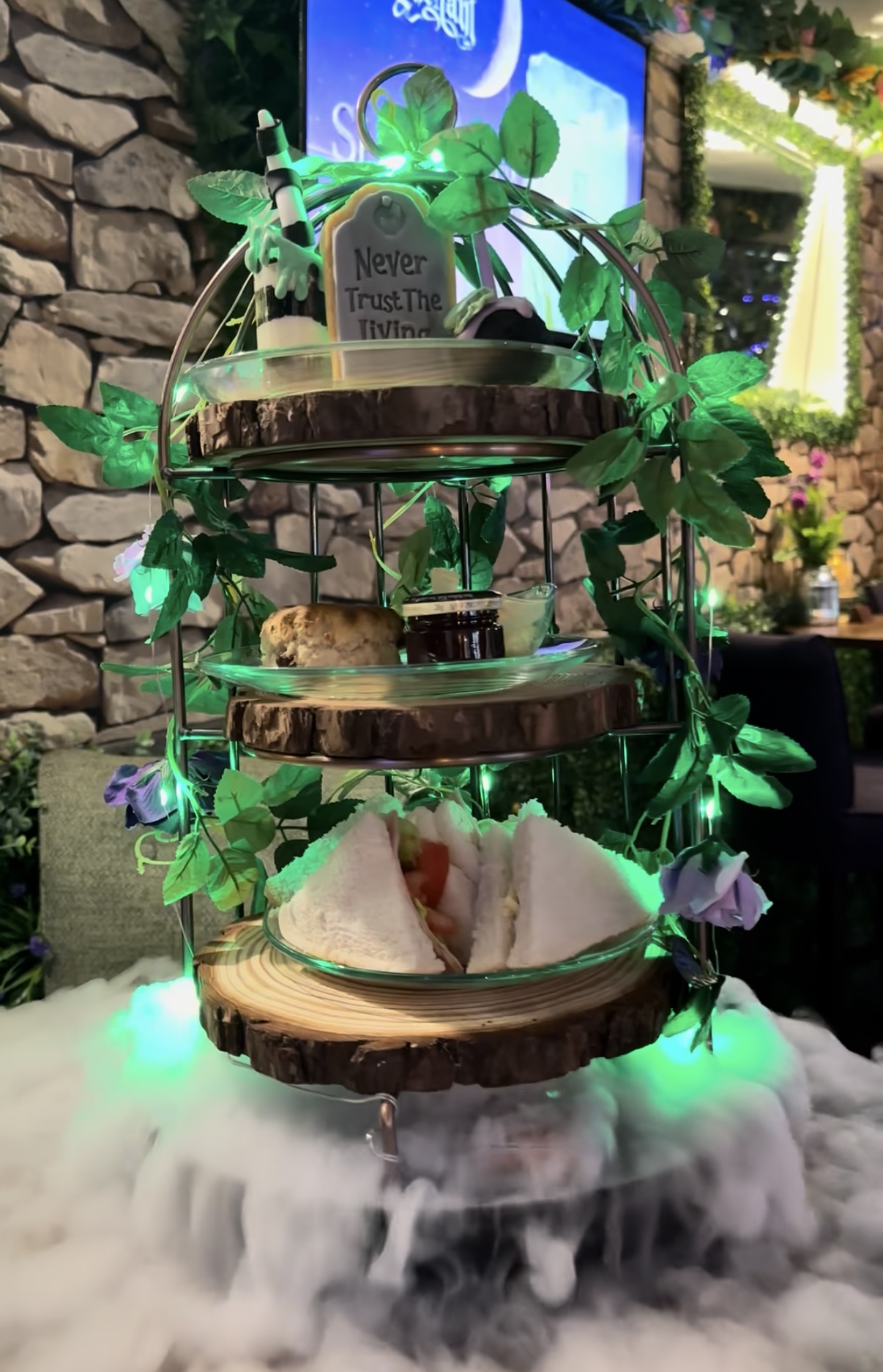 Close-up of the enchanted afternoon tea stand