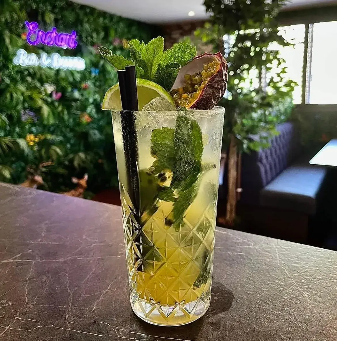 Tall brunch mocktail with mint and citrus